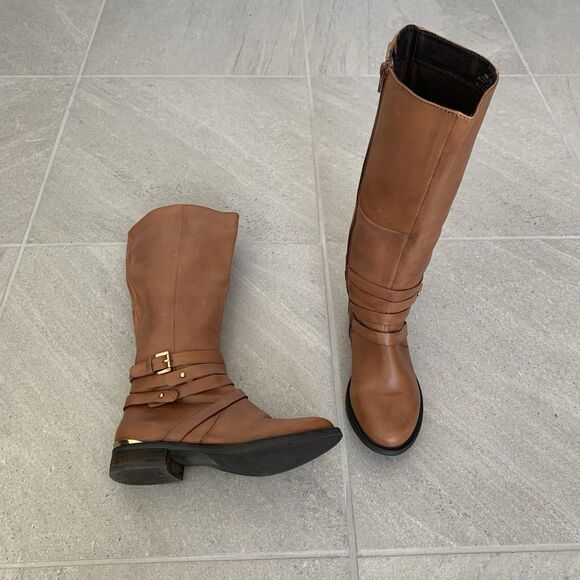 Steve Madden Albany Cognac Leather Belted Riding Boots Sz 8.5 - Picture 1 of 5